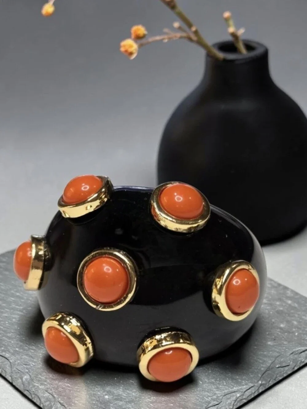 Chunky Catwalk Jon Oversized Domed Onyx Lucite Coral Cabochon Cocktail Ring